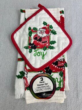 3-Piece Christmas Kitchen Towel Set With Santa Design - Velour Towel Dish Cloth
